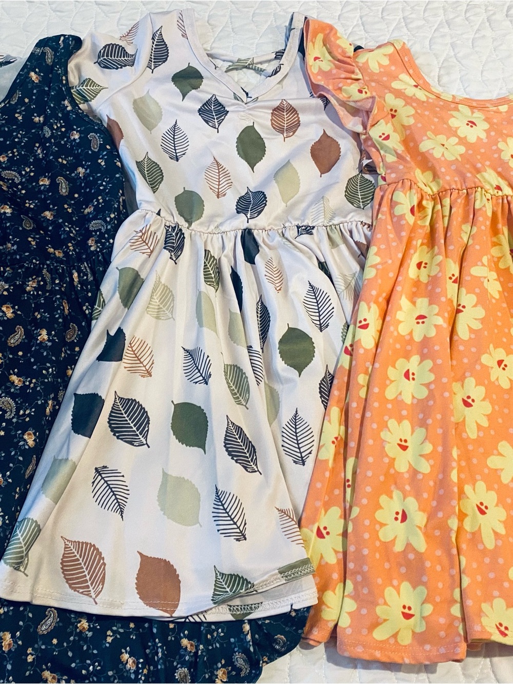 Dot Dot Smile White Dress with Green and Brown Leaf Print